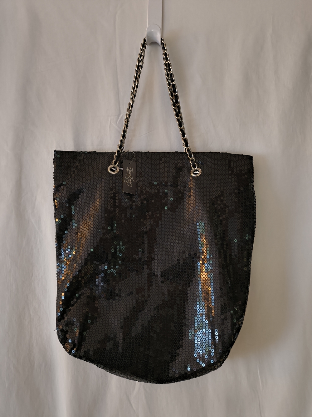 City Streets Black Sequin Chain-Strap Tote